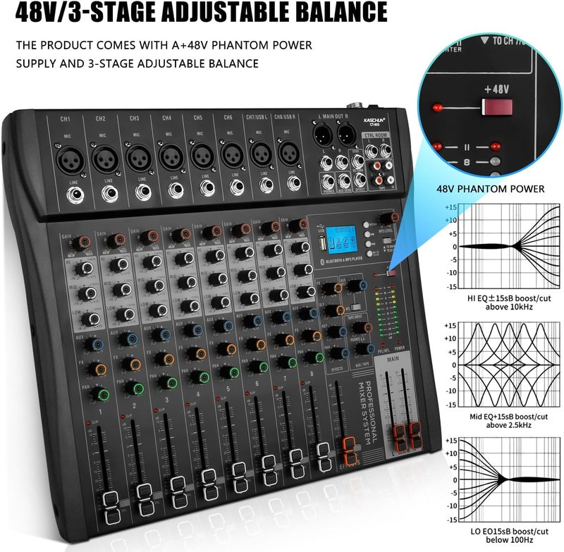 Kaschun Professional Audio Mixer, 12 Channel Mixer Sound Board Mixer DJ Mixing, Equipped With 48v Phantom Power USB Bluetooth MP3 Player, Studio Audio Mixer for DJ Studio Streaming Recording - Image 4